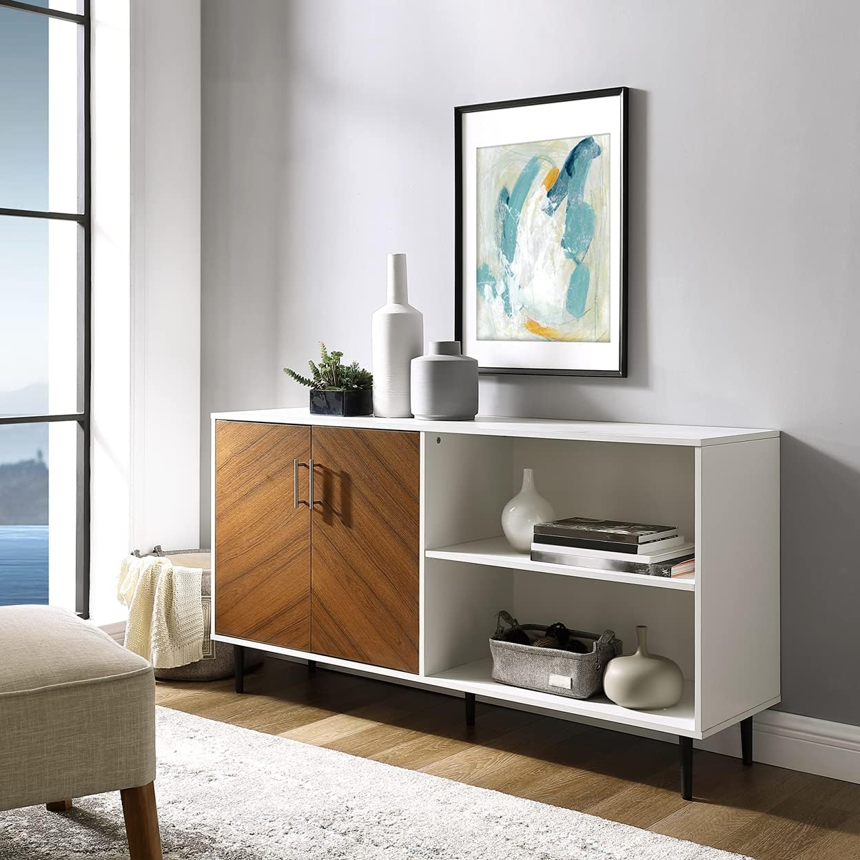 Walker Edison Caye – Consola moderna de 2 puertas, asimétrica, para televisores de hasta 65 pulgadas