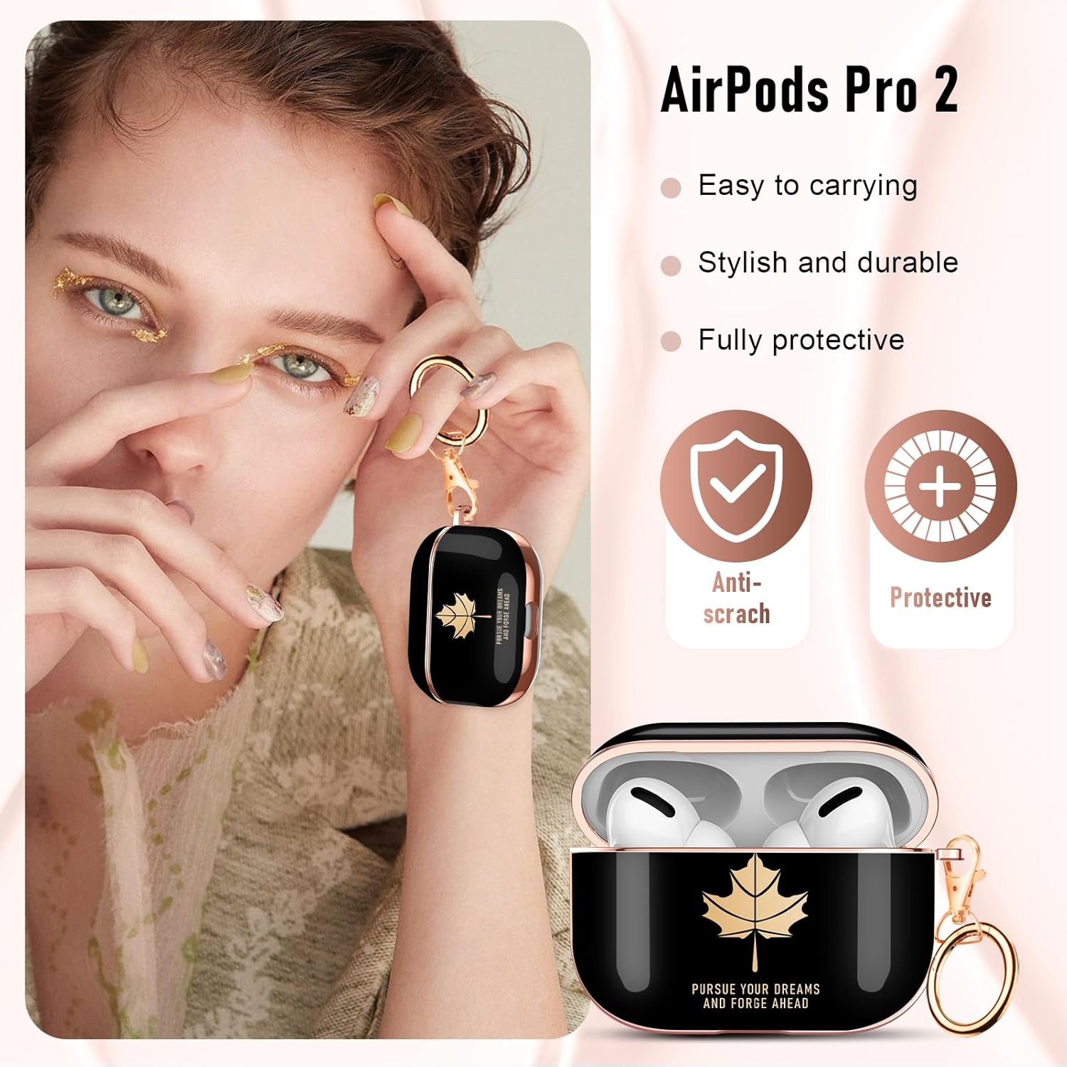 Valkit Funda para Apple Airpods Pro 2, elegante galvanoplastia con patrón de hoja de arce dorada y diseño a prueba de golpes para mujeres y niñas
