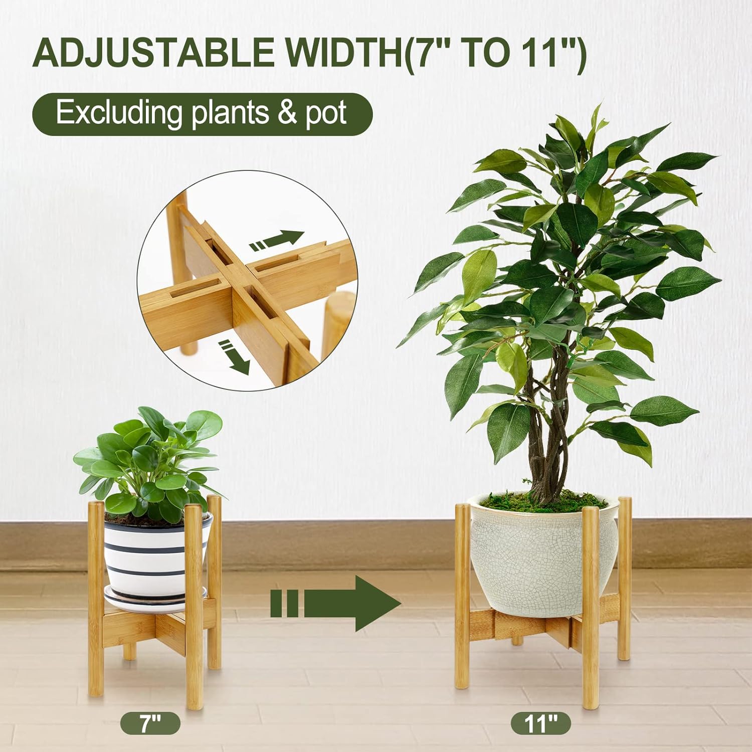 1 soporte ajustable para plantas de interior, soporte para plantas de mediados de siglo de 11.8 pulgadas, soporte estable de bambú natural para