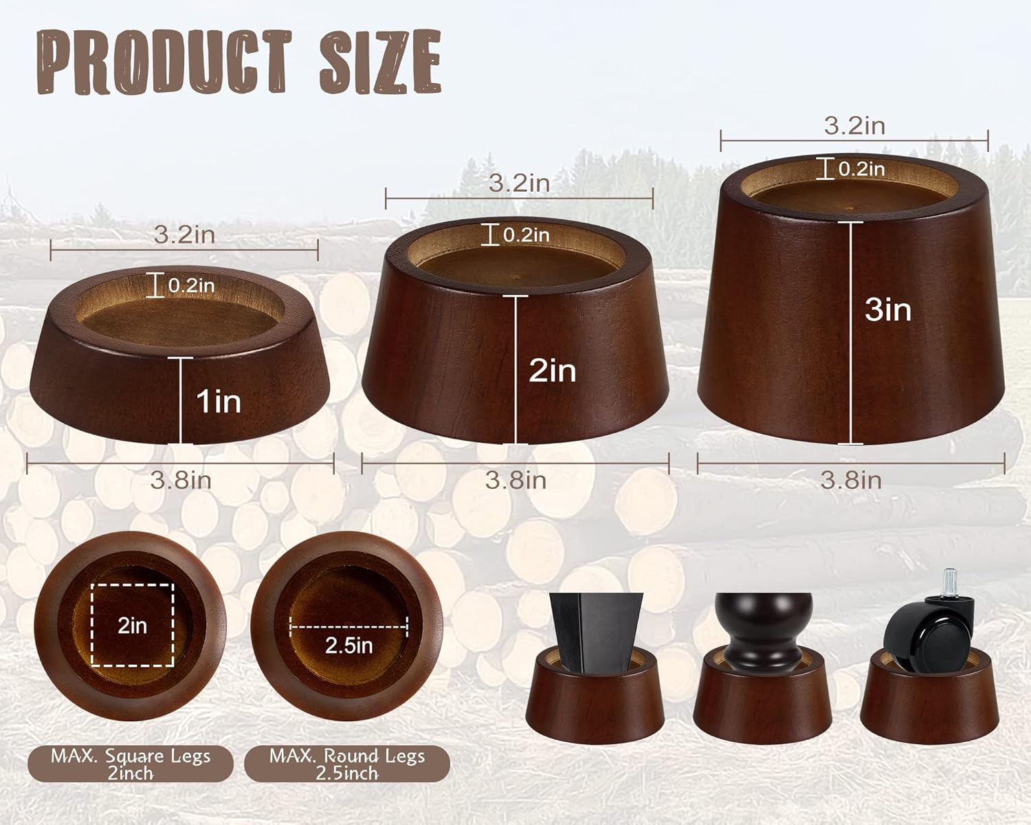 Bloques elevadores de madera para muebles de cama, juego de 4 elevadores de cama de 3 pulgadas, elevadores redondos de madera maciza resistentes que