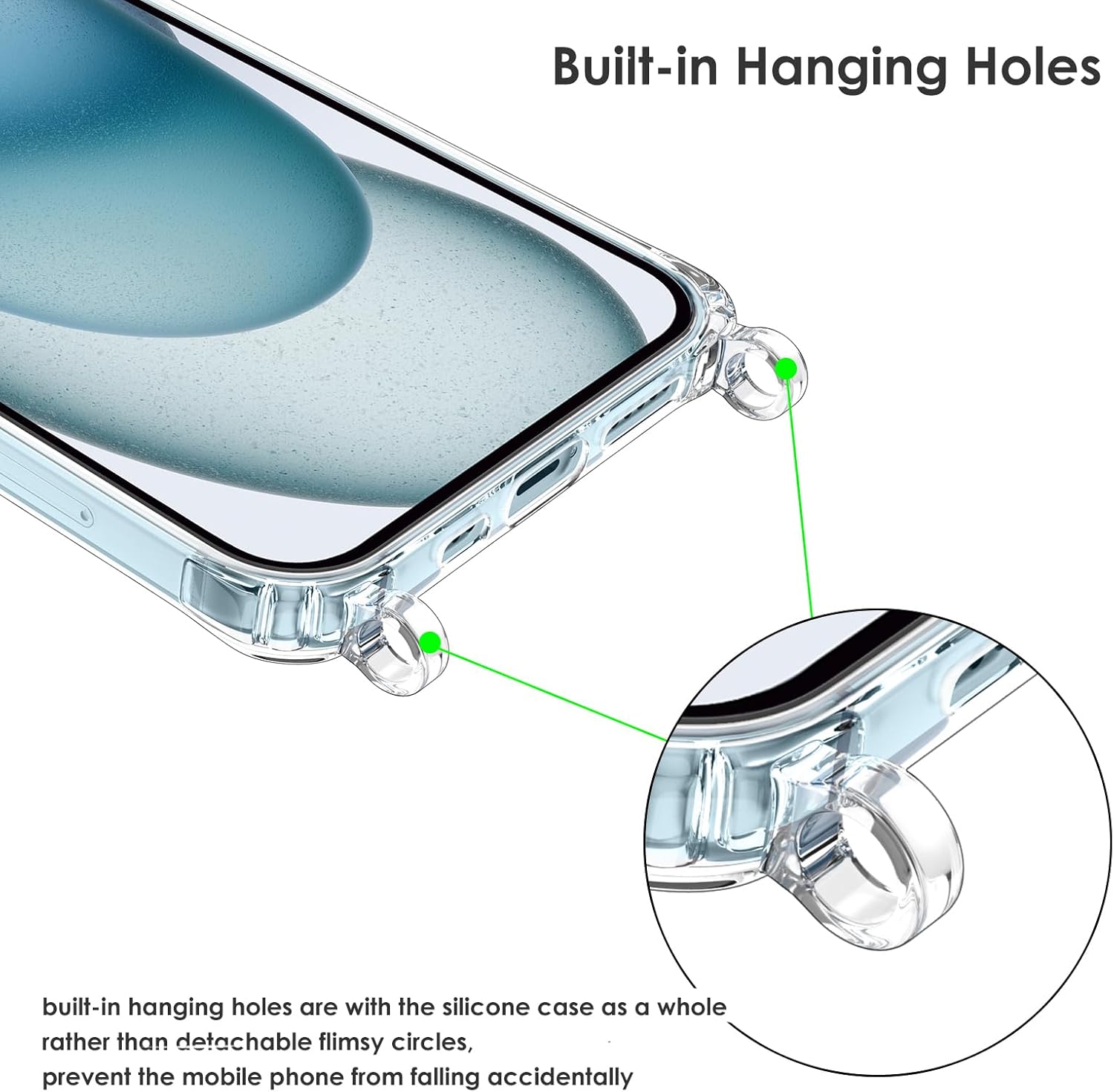 ZTOFERA Compatible con iPhone 15, funda transparente con cordón ajustable, TPU suave y delgada, a prueba de golpes, funda protectora cruzada para