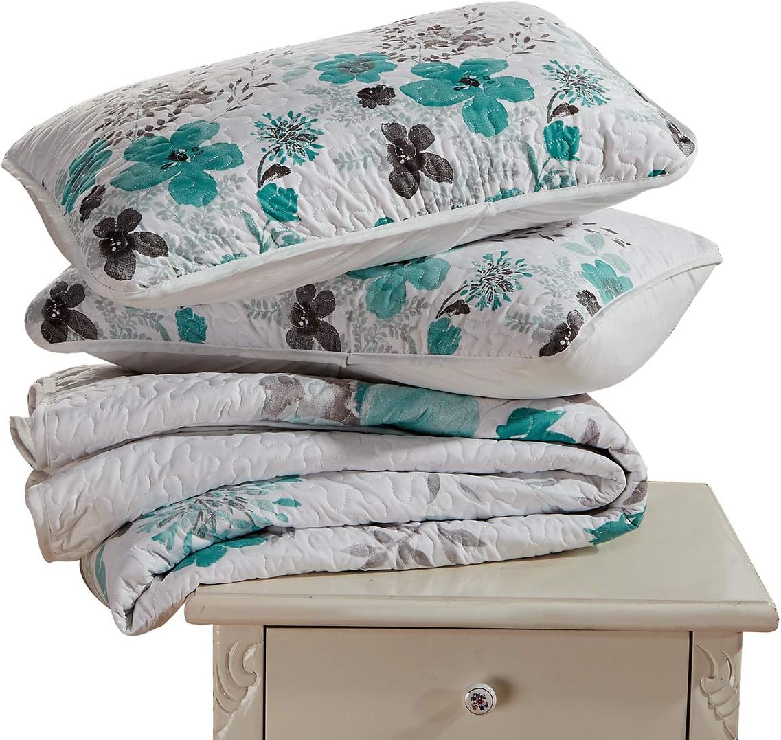 Home Collection Juego de 3 piezas de colcha tamaño King California King con estampado floral de flores marrones turquesa de 118 x 95 pulgadas