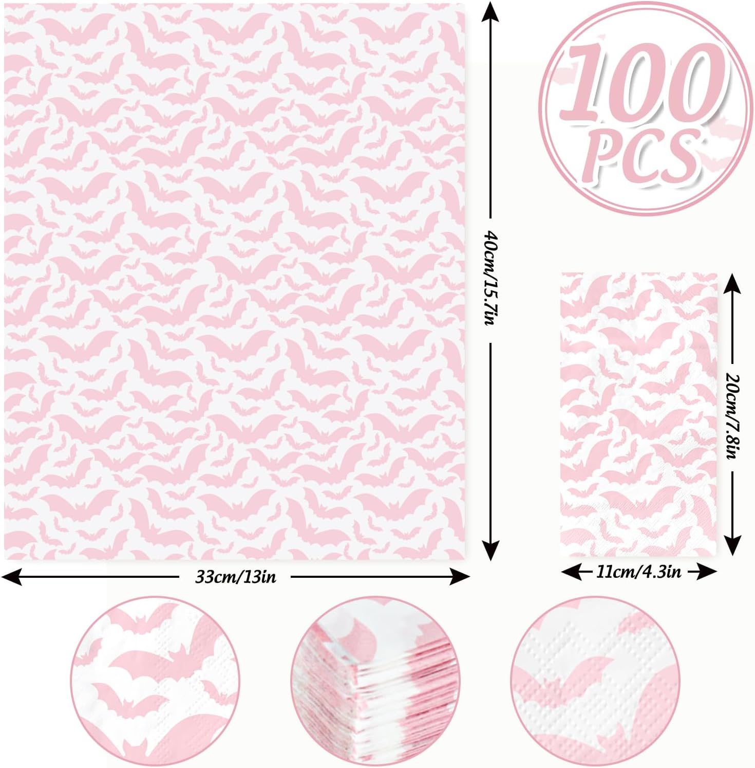 AnyDesign Paquete de 100 servilletas de 3 capas desechables de papel de murciélago rosa para Halloween, servilletas de mano para fiesta de