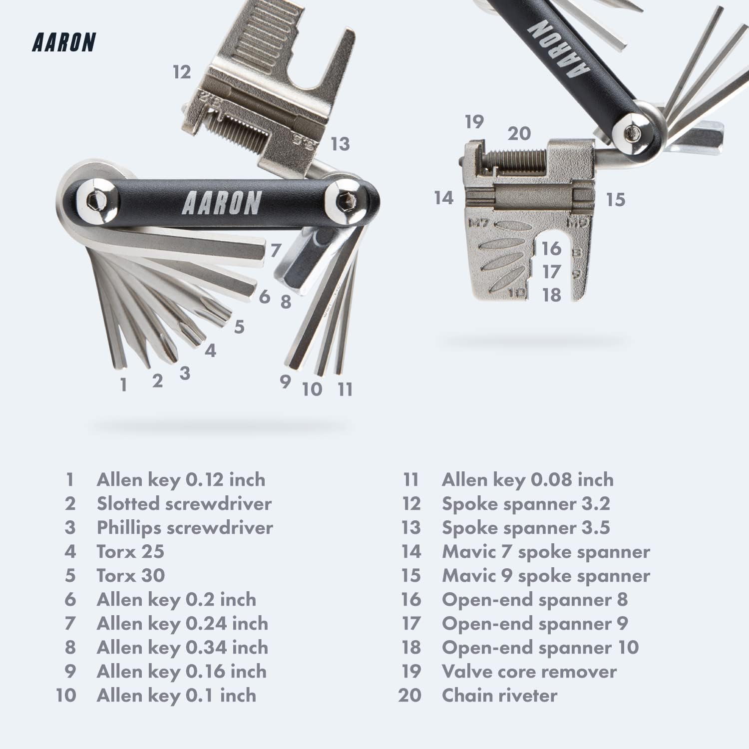 AARON Herramienta Multiherramienta 20 en 1 – Herramienta multifunción para bicicleta hecha de acero inoxidablealuminio – Mini herramienta plegable