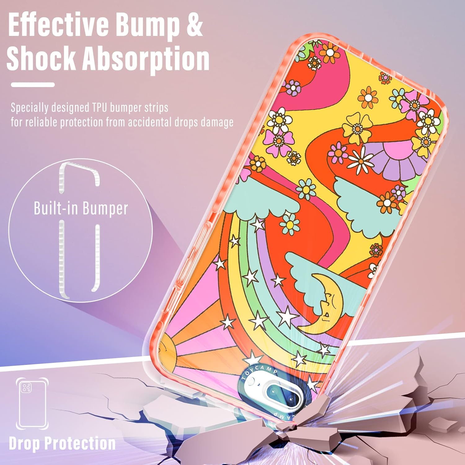 Toycamp Funda para iPhone 8 Plus7 Plus6S Plus6 Plus, lindo diseño de estampado de grafiti de dibujos animados de flores de sol, sol, río arcoíris,