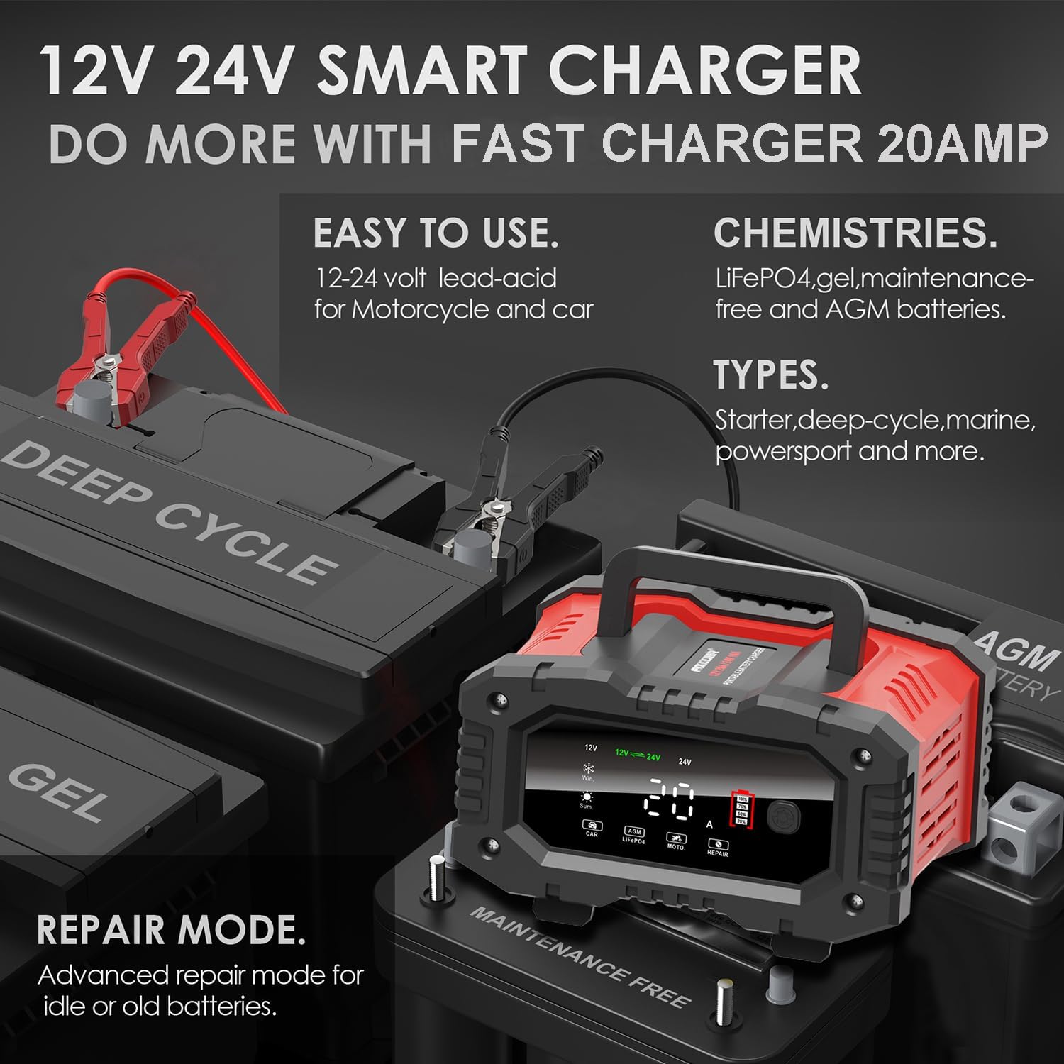 Cargador de batería de coche de 20 amperios, LiFePO4 de 12V20A y 24V10A, plomo ácido (AGMGelSLA), cargador inteligente automático de goteo
