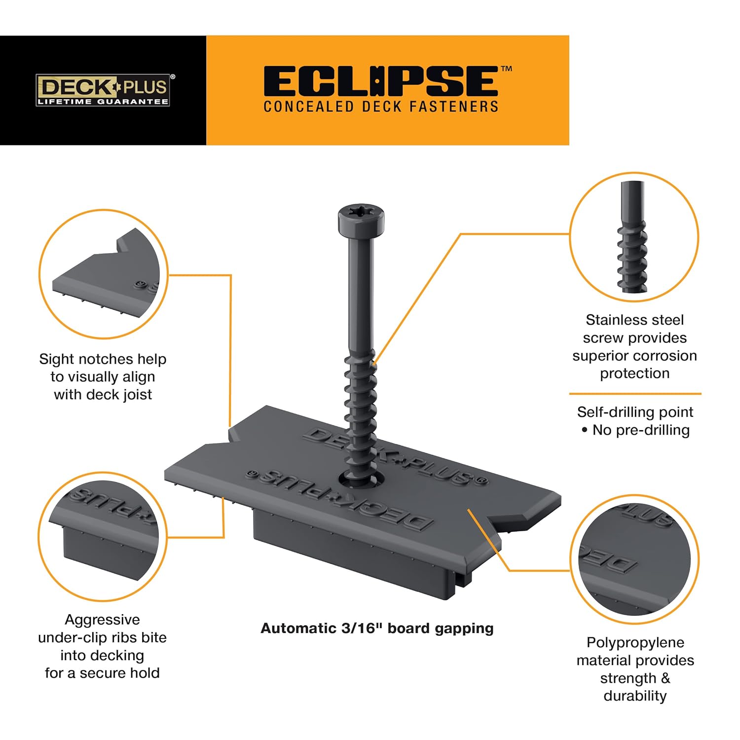 Deck Plus Eclipse – Sujetadores ocultos, tornillos de cubierta, tornillos para madera, acero inoxidable, gris, paquete de 360