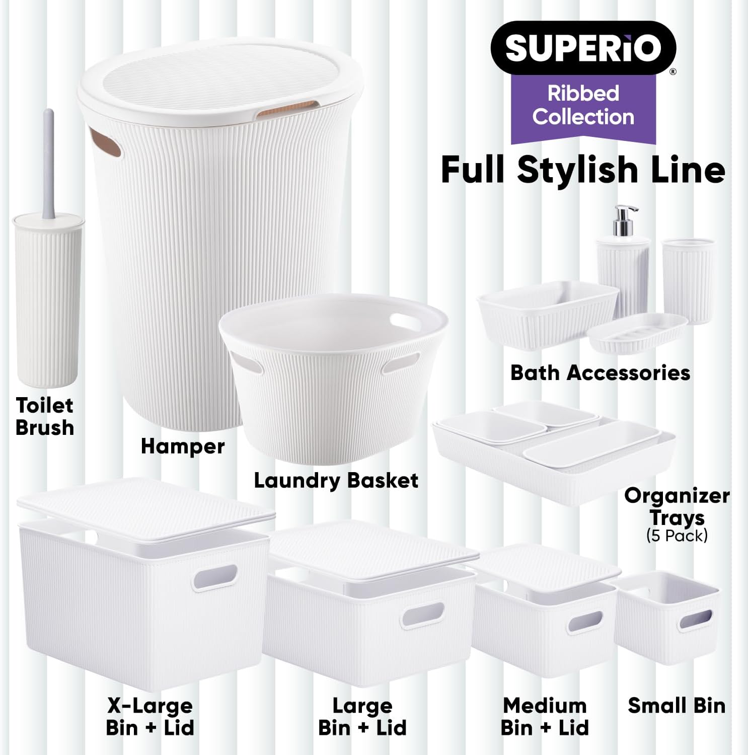 Superio Ribbed Collection – Canastas organizadoras de plástico decorativas abiertas para el hogar, pequeñas cajas blancas (paquete de 4) para