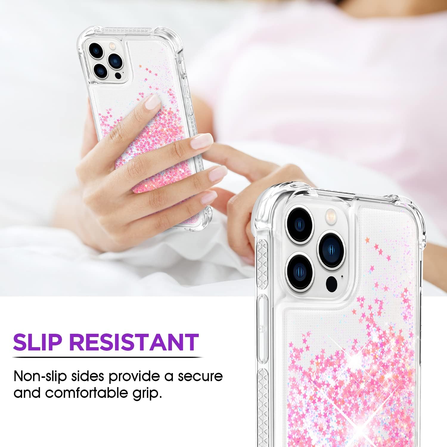 ANSHOW Funda para iPhone 13 Pro Max con purpurina, TPU transparente a prueba de golpes con 2 protectores de pantalla, purpurina rosa claro brillante