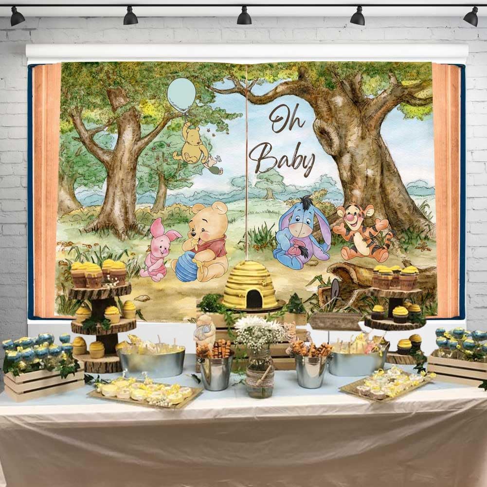 Pooh Bear – Fondo de libro gigante Oh Baby Shower para niño, decoración vintage de Baby Winnie en madera de cien acres, cartel de fiesta de primer