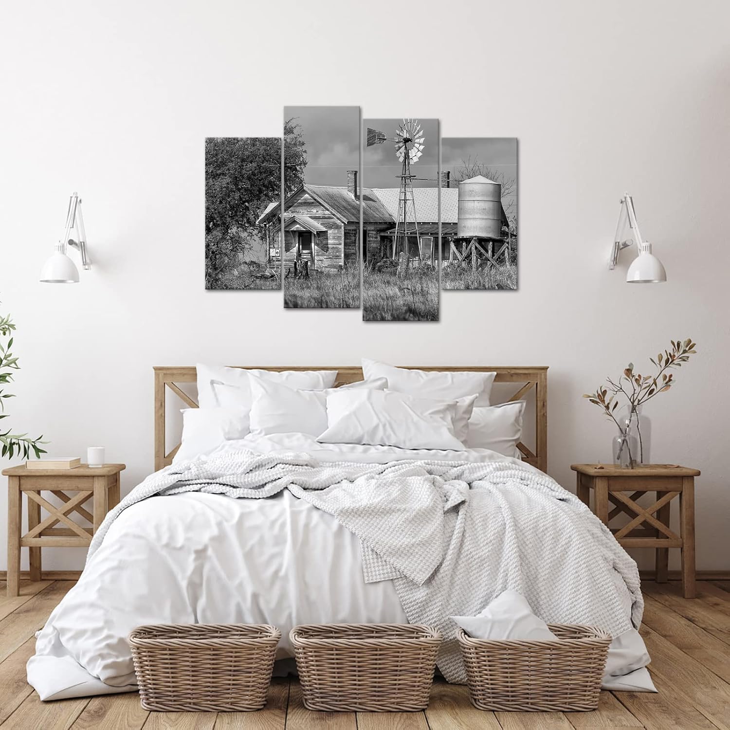 Nachic Wall Lienzo de 4 piezas en blanco y negro de Texas, pintura de granja, campo, granero, molino de viento, paisaje, póster para el hogar, sala