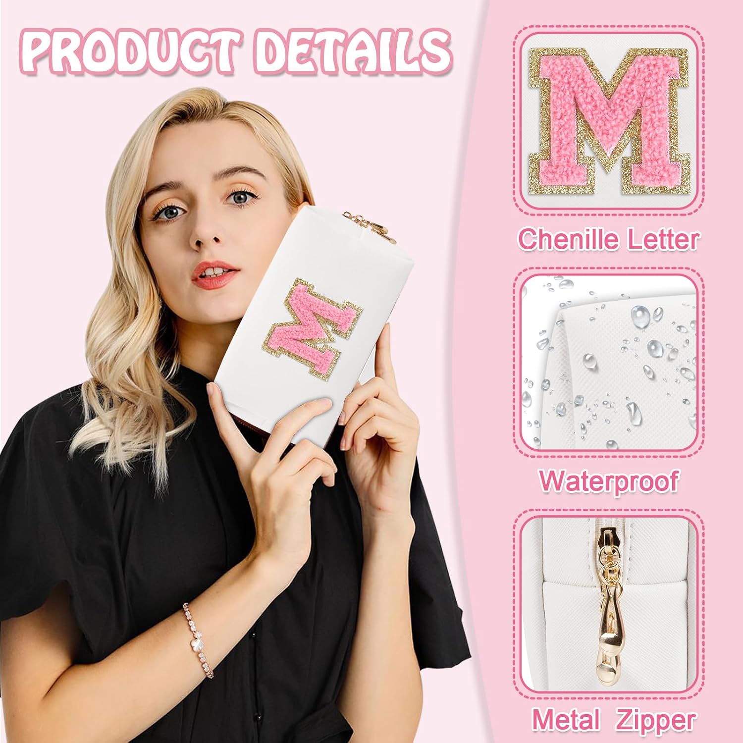 Biileen Bolsa de maquillaje preppy inicial personalizada Pequeña bolsa de carta de chenilla de viaje linda, blanco-1