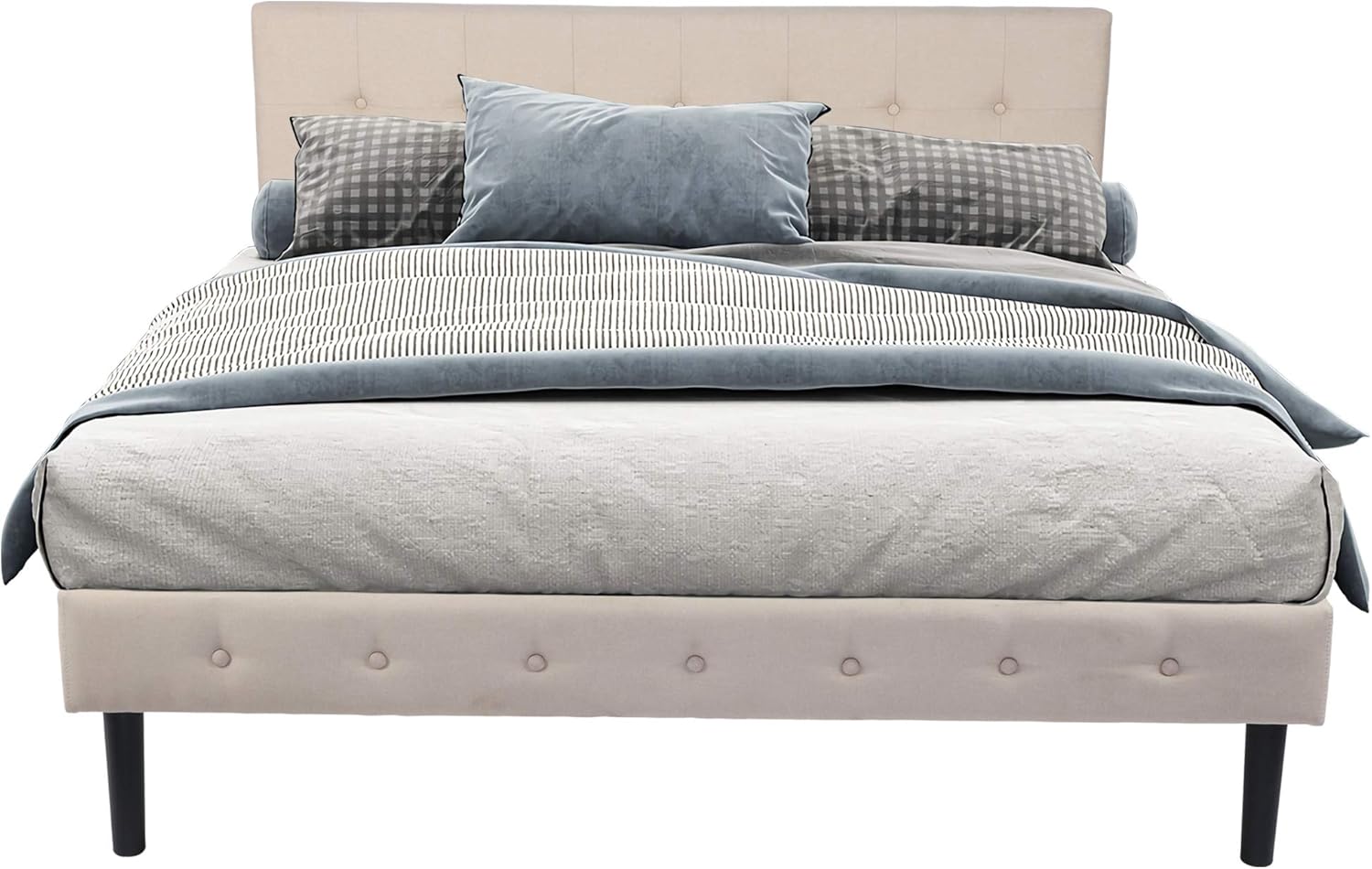 Base de cama tapizada de 14 pulgadas con cabecera de colchón, soporte de listones de madera, no necesita somier, color beige (tamaño matrimonial)