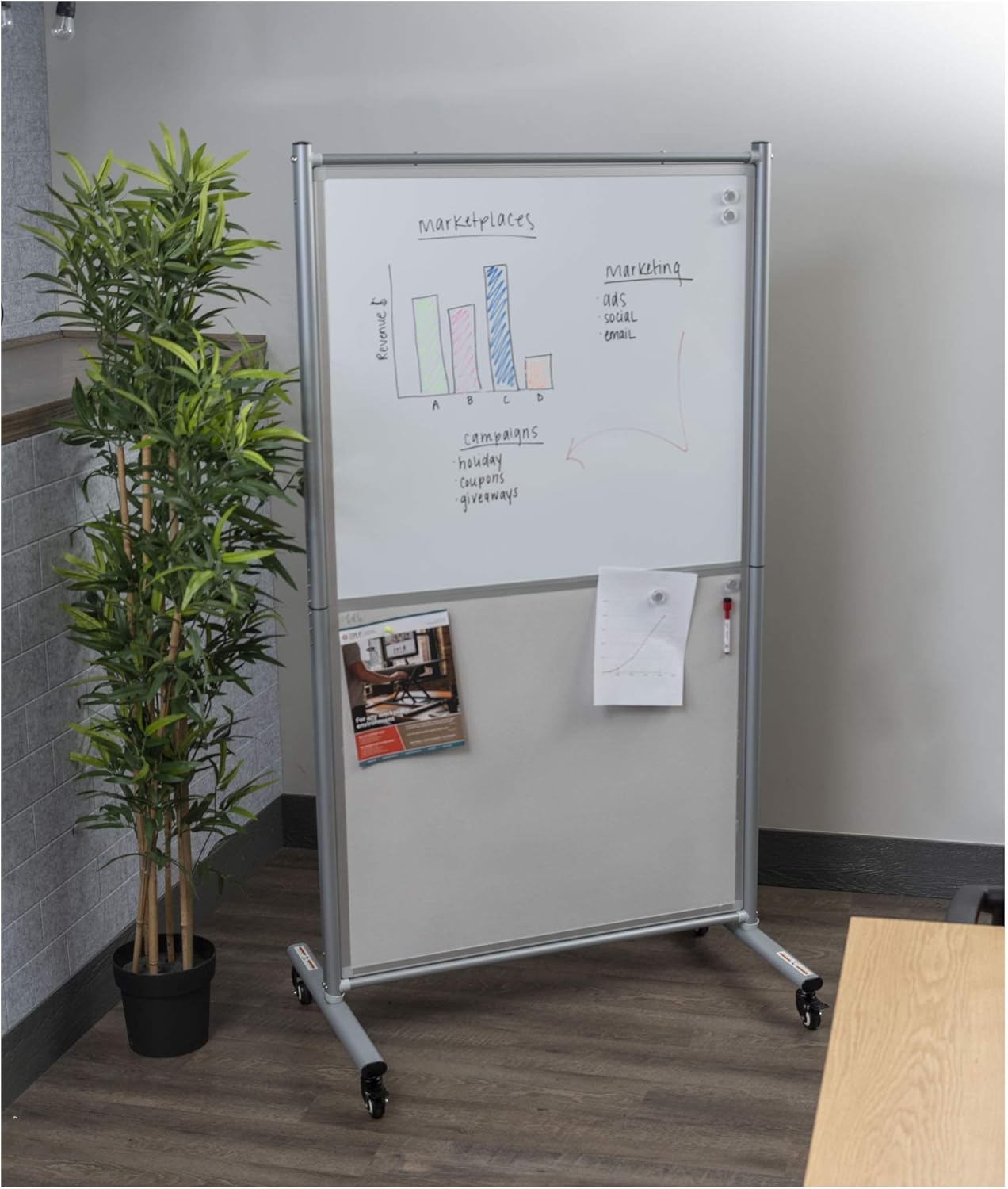 Stand Up Desk Store – Pizarra blanca magnética móvil rodante, divisor de habitación, pizarra de borrado en seco para el hogar o el aula (pizarra