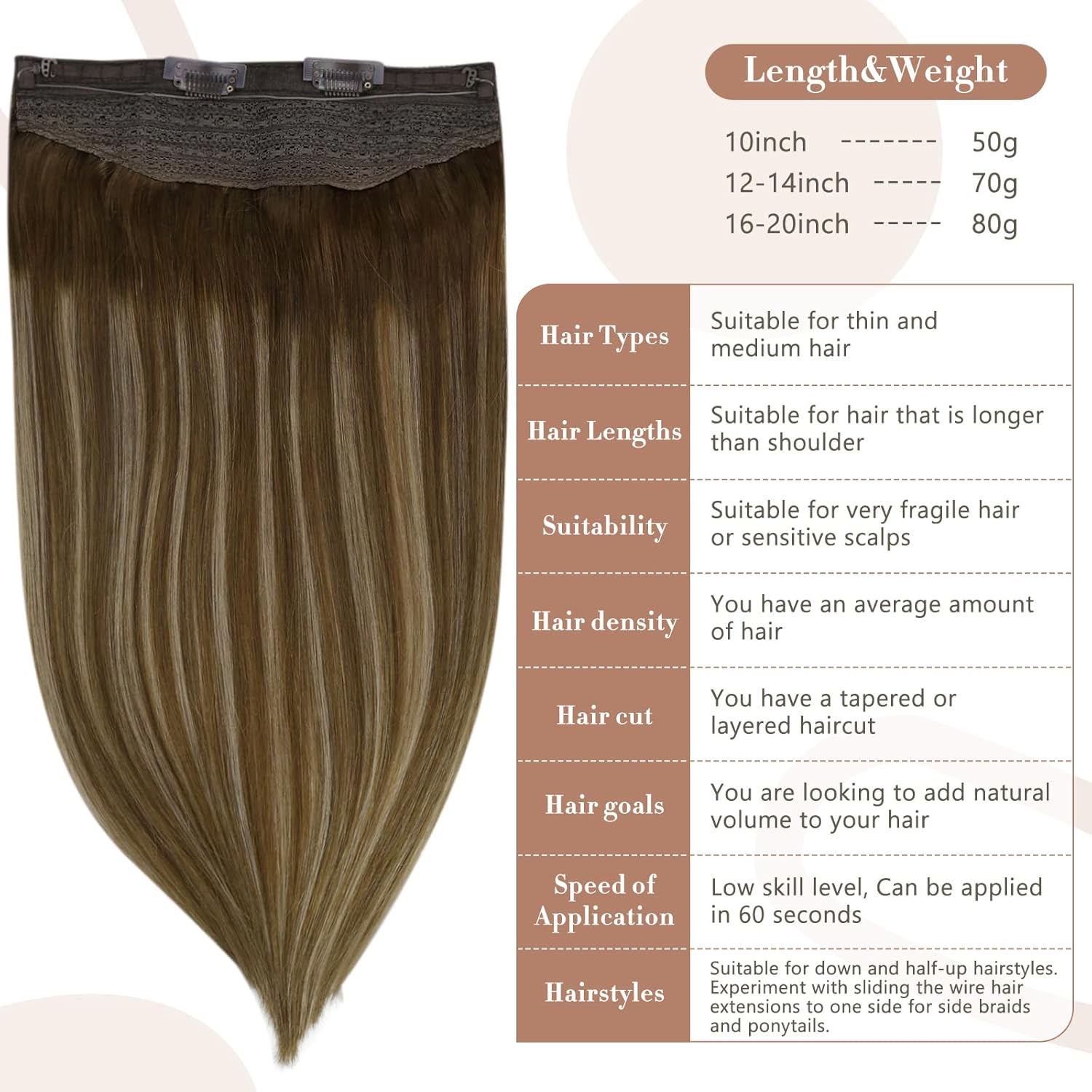 Fshine – Extensiones de cabello humano con alambre, balayage castaño cálido a rubio miel, 12 pulgadas, 2.47 onzas, extensiones de cabello humano
