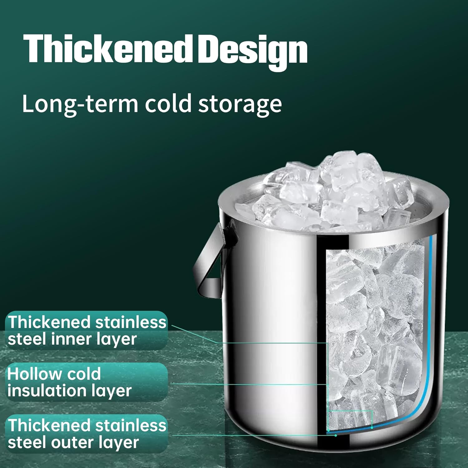 Cubo de hielo con doble aislamiento de acero inoxidable 304 con tapa, colador, mantiene los cubos de hielo fríos y secos, cómoda asa de transporte