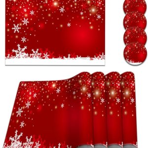 LNOND Juego de 4 manteles individuales y posavasos rojos, tapetes de mesa de cocina con copos de nieve navideños, resistentes al calor en invierno, LNOND Juego de 4 manteles individuales y posavasos rojos, tapetes de mesa de cocina con copos de nieve navideños, resistentes al calor en invierno,