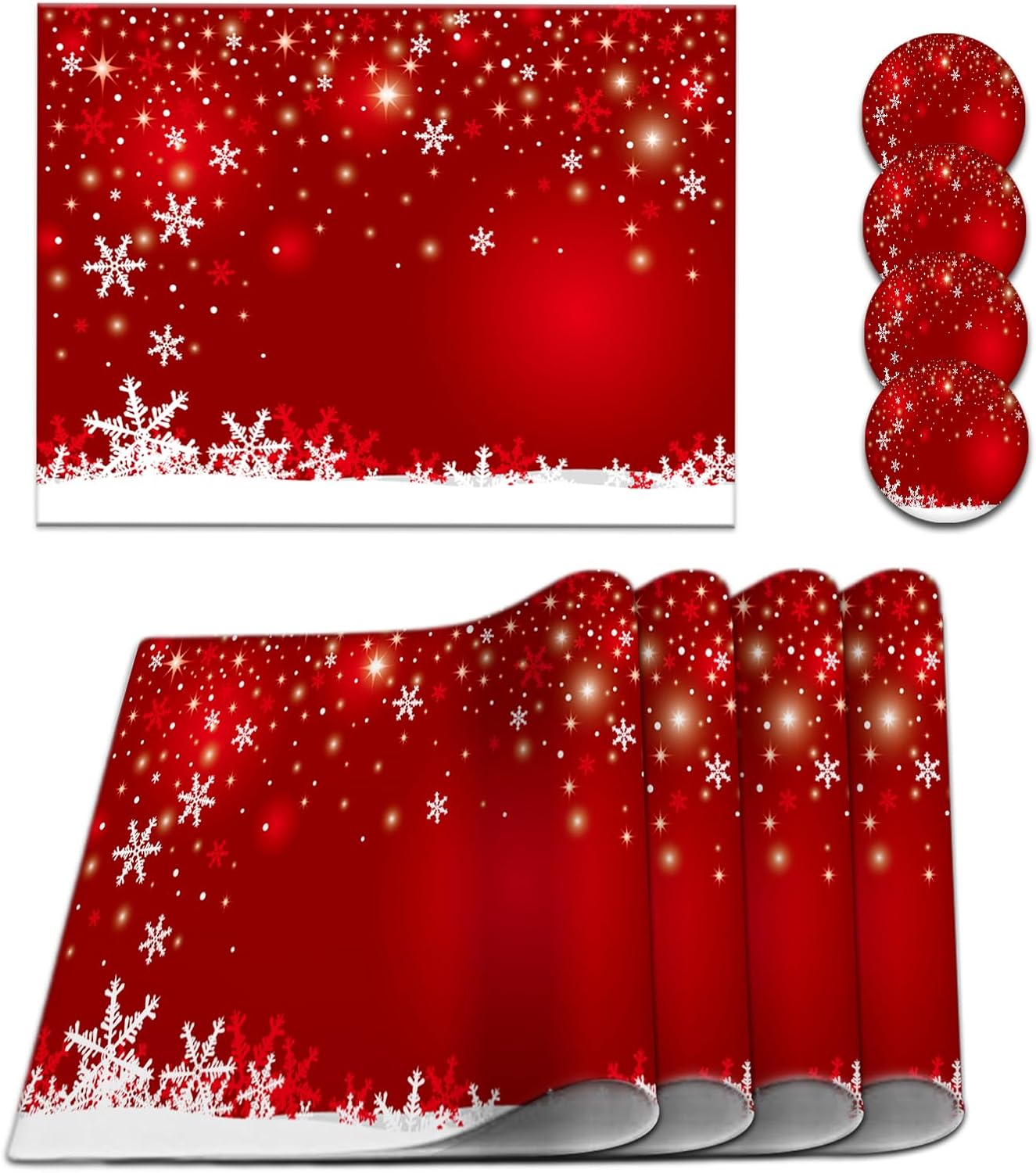 LNOND Juego de 4 manteles individuales y posavasos rojos, tapetes de mesa de cocina con copos de nieve navideños, resistentes al calor en invierno,