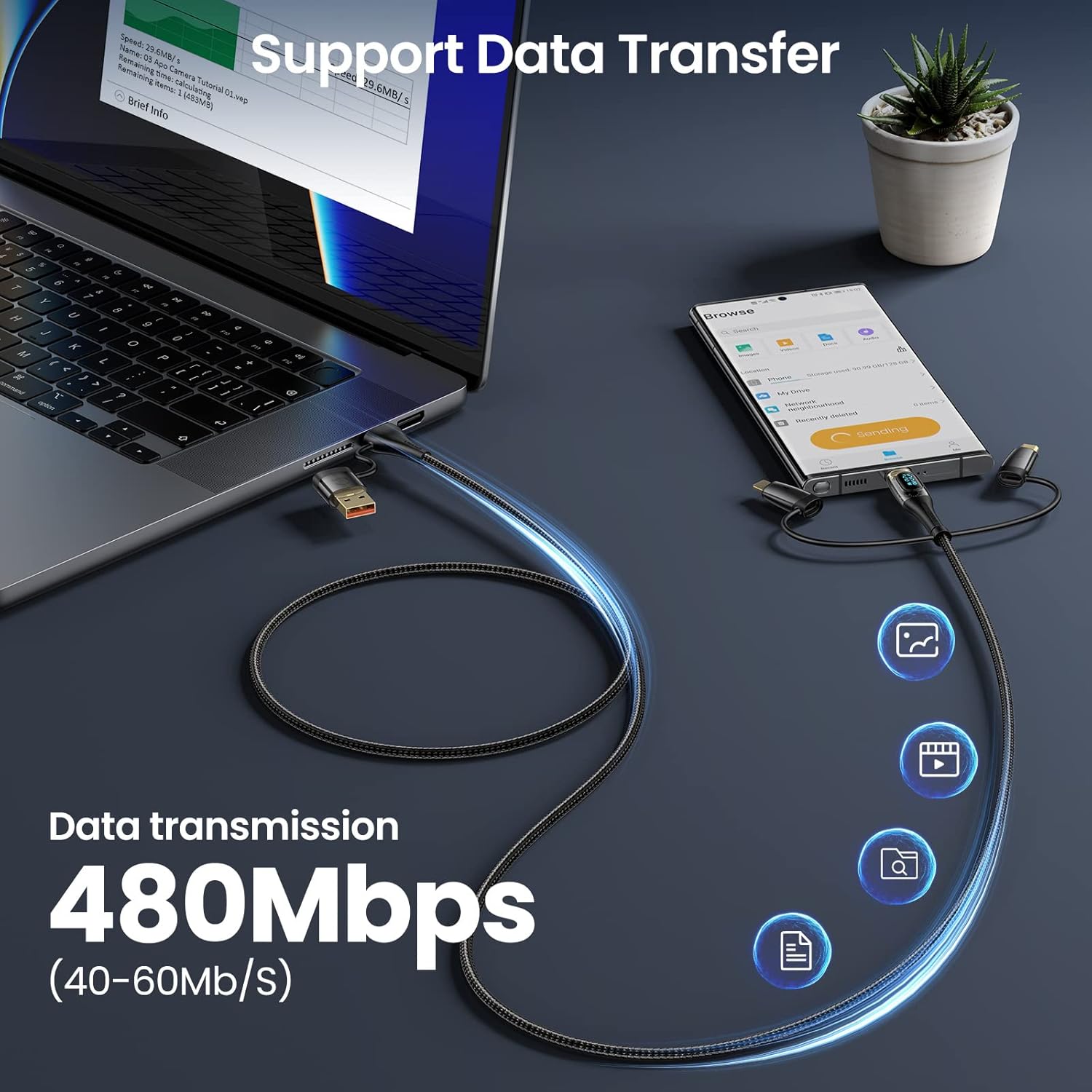 USAMS – Cable de carga USB C a múltiple, 100 W, 4 pies, 5 A, tipo C a tipo C, cable de carga rápida con pantalla LED 5 en 1 CA a CMicroIP, adaptador