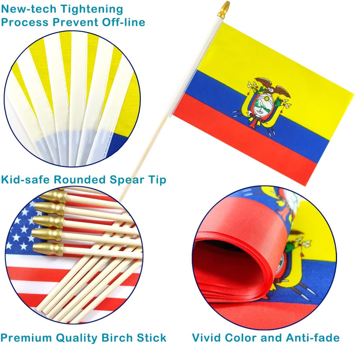 Newperlite Banderas de mano pequeñas de Ecuador – Poste de madera maciza y parte superior de lanza (paquete de 12, 5 x 8 pulgadas)