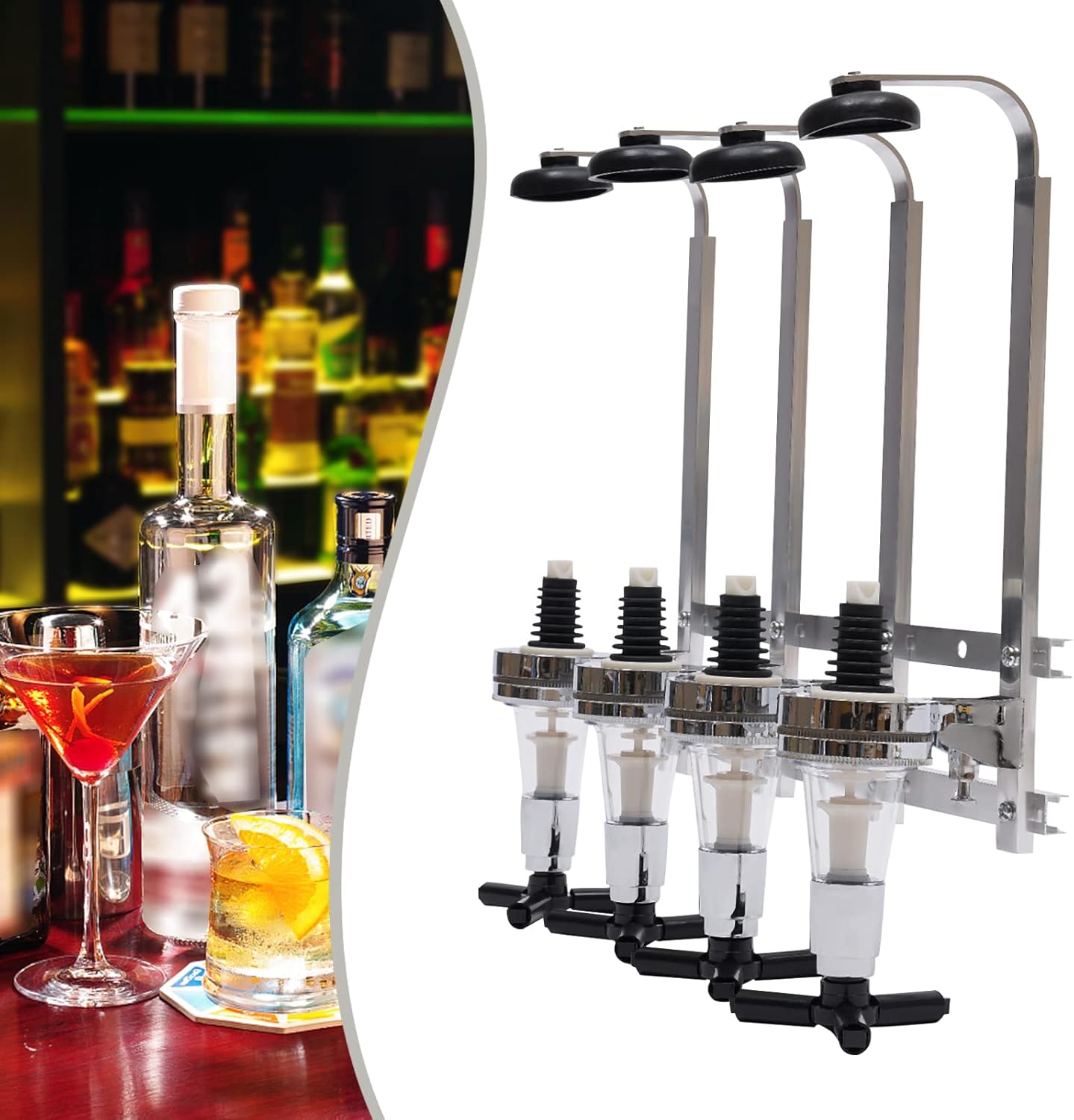 Dispensador de vino montado en la pared, 4 botellas, estante de exhibición profesional para cócteles, vino, bebidas, botella de alcohol para