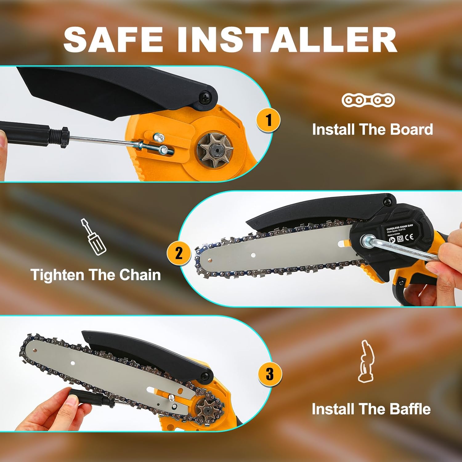CKEVE Mini motosierra eléctrica inalámbrica de 6 pulgadas, funciona con pilas con bloqueo de seguridad para recortar árboles de jardín, motor de 250