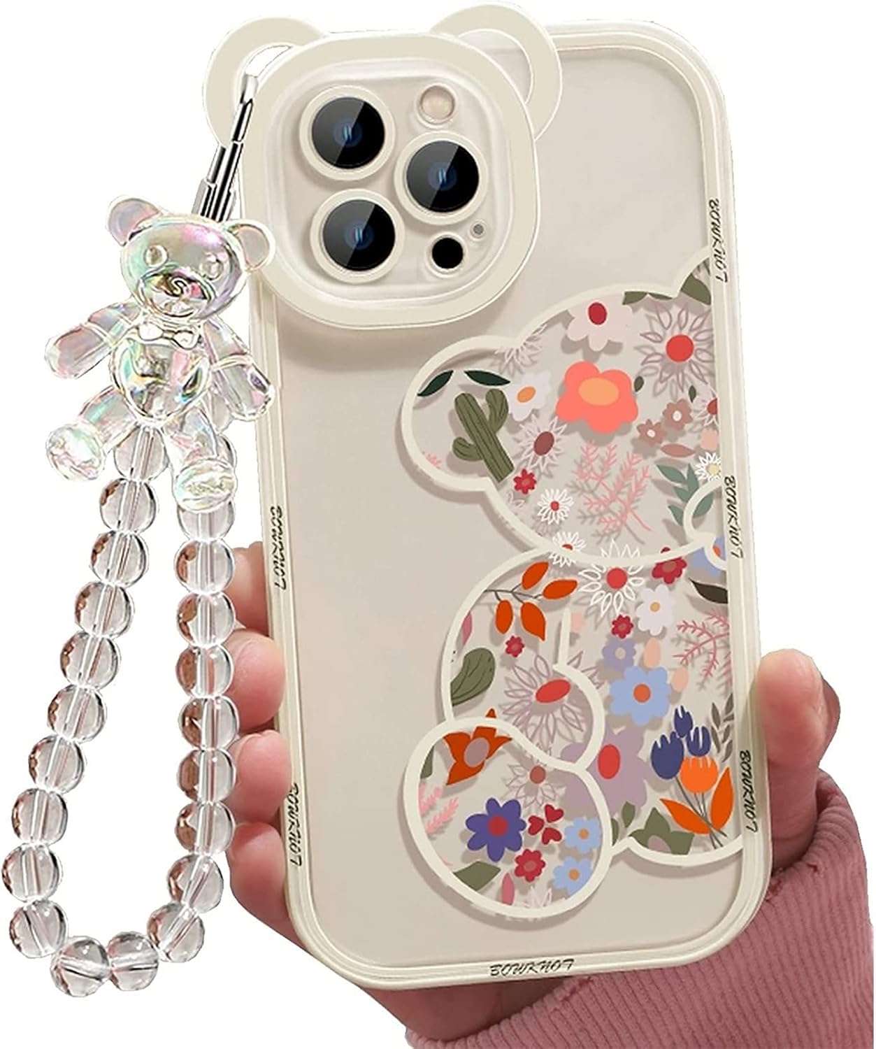 Compatible con iPhone 11, bonita funda de oso floral con bonita correa de muñeca y cadena para niñas y mujeres, protección de cámara Kawaii,