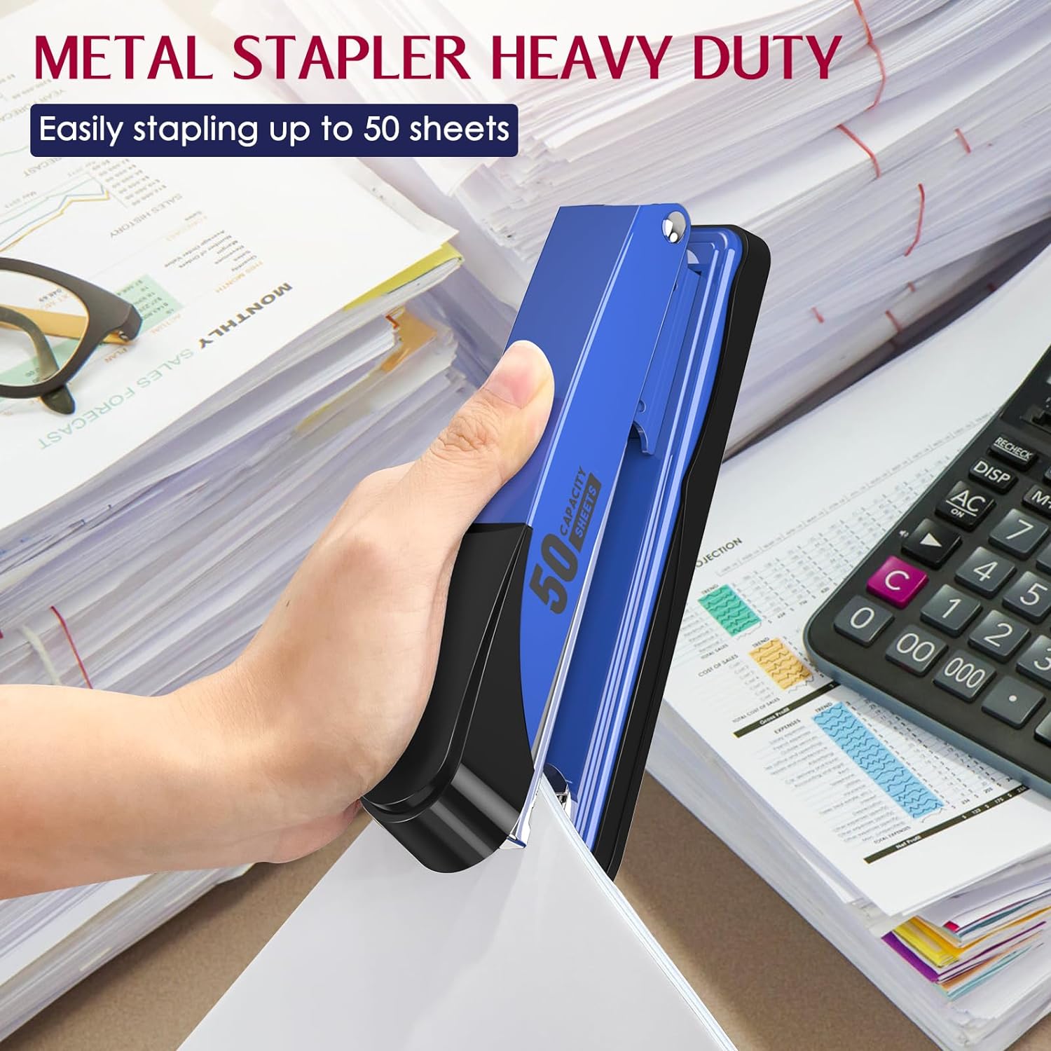 Engrapadora de metal resistente con capacidad de 50 hojas con 1750 grapas y removedor de grapas, engrapadora azul de tira completa para escritorio,