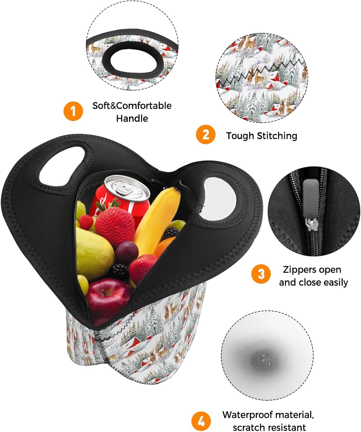 Bolsa de almuerzo reutilizable de neopreno, con diseño de reno y pino de Navidad, suave y térmica, ligera, lavable, aislada, para mujereshombres,