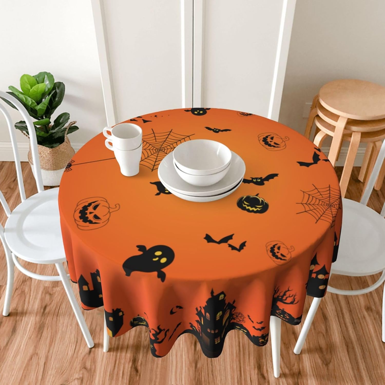 Mantel redondo de Halloween de 60 pulgadas, decoración de casa encantada, mantel de calabaza, para fiesta de Halloween, vacaciones, cena, cocina,