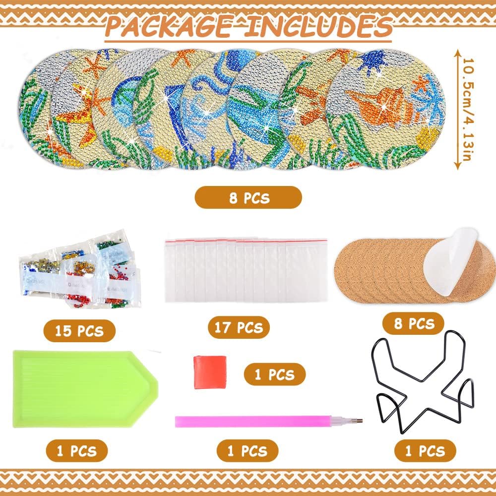 Juego de 8 posavasos de pintura de diamantes con soporte de base de corcho, tema de playa, playa, mar, vida costera, kit de pintura de diamantes