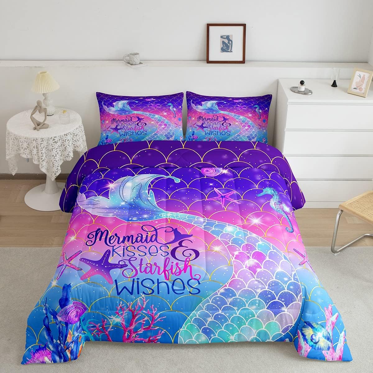 Erosebridal Juego de edredón Queen con escamas de pez, juego de ropa de cama neón con purpurina galaxia pastel para niños y niñas, juego de edredón