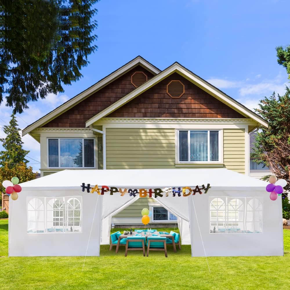 Tienda de campaña para exteriores de 10 x 30 pies con 8 paredes laterales extraíbles, toldo impermeable, glorieta de boda para patio, color blanco