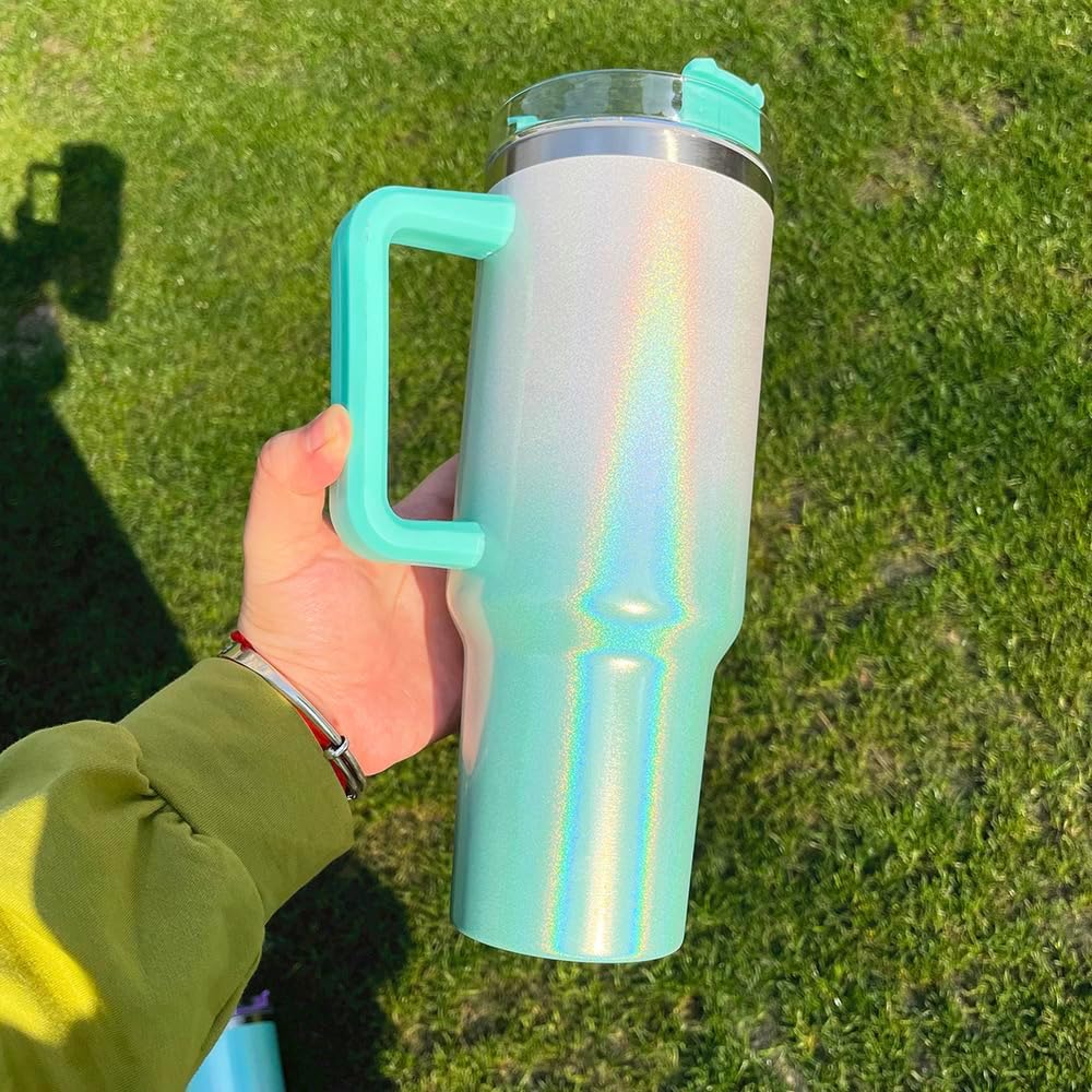 Vaso brillante de 40 onzas con asa y tapa con pajilla. Vaso térmico para café de 40 onzas con asa, tapa y pajita. Mantiene las bebidas frías y