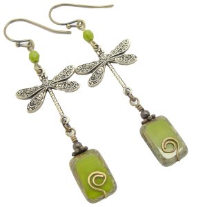 Boho Dragonfly Earrings in Olive Green and Brass Boho Dragonfly Earrings in Olive Green and Brass