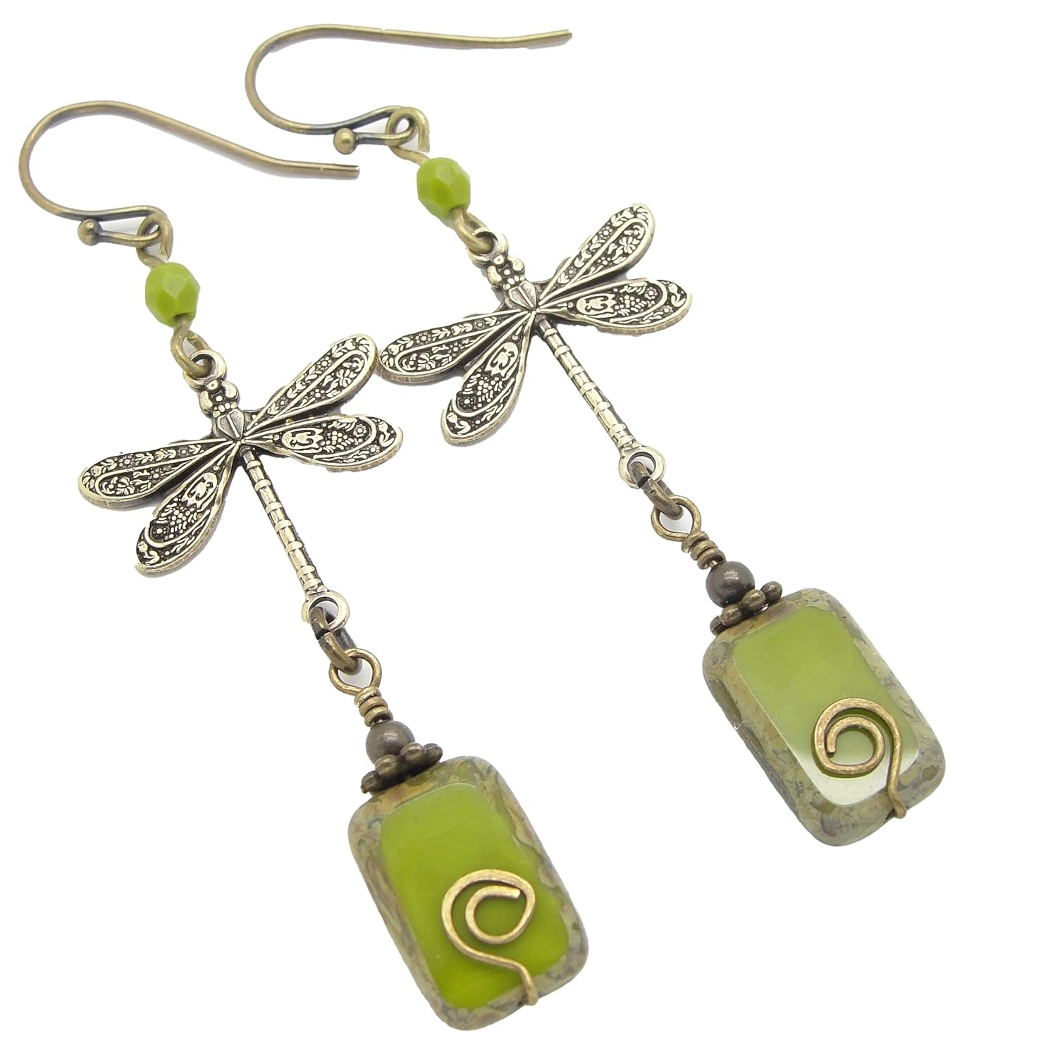 Boho Dragonfly Earrings in Olive Green and Brass