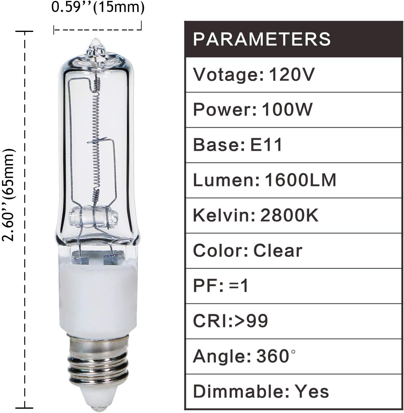JDE11 120V 100W T4 Mini Candelabro Base 1600lm 2800K Clear Dimmable JD E11 Bombillas halógenas paquete de 4