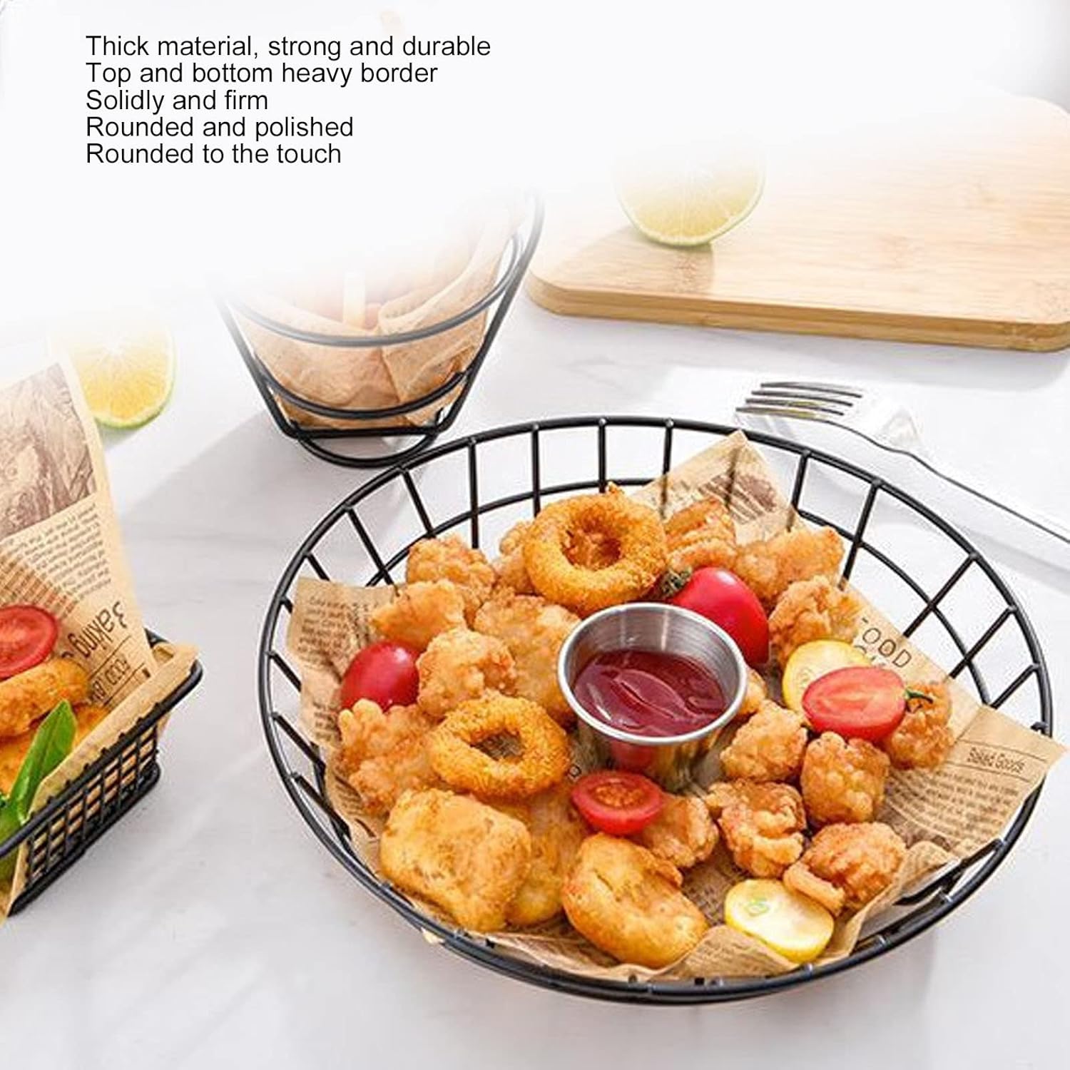 Juego de 2 cestas de acero inoxidable para papas fritas resistentes para aperitivos, bares, restaurantes, cestas de acero inoxidable (1)