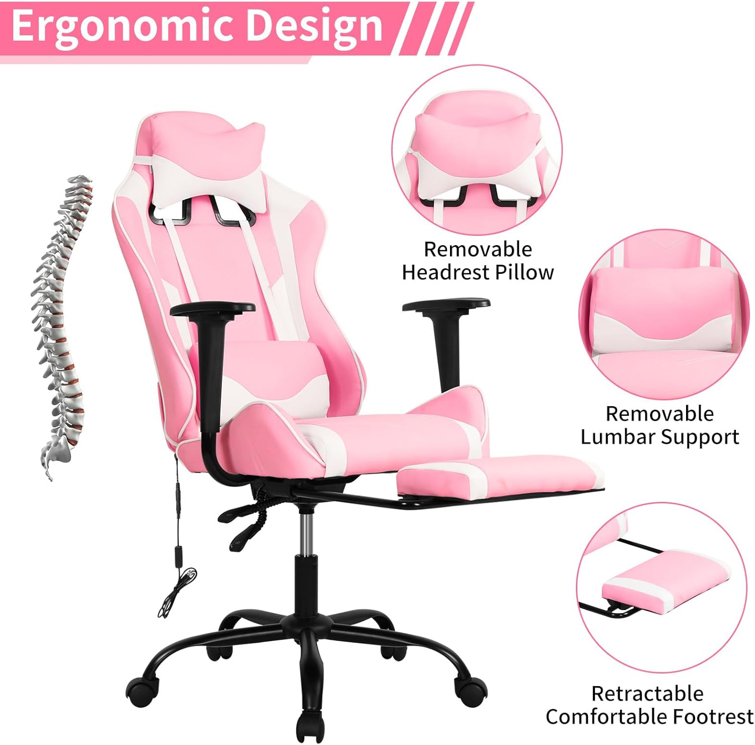 BLKMTY Silla ergonómica de masaje para videojuegos, silla de oficina de carreras, silla de computadora de piel sintética, silla de jugador con