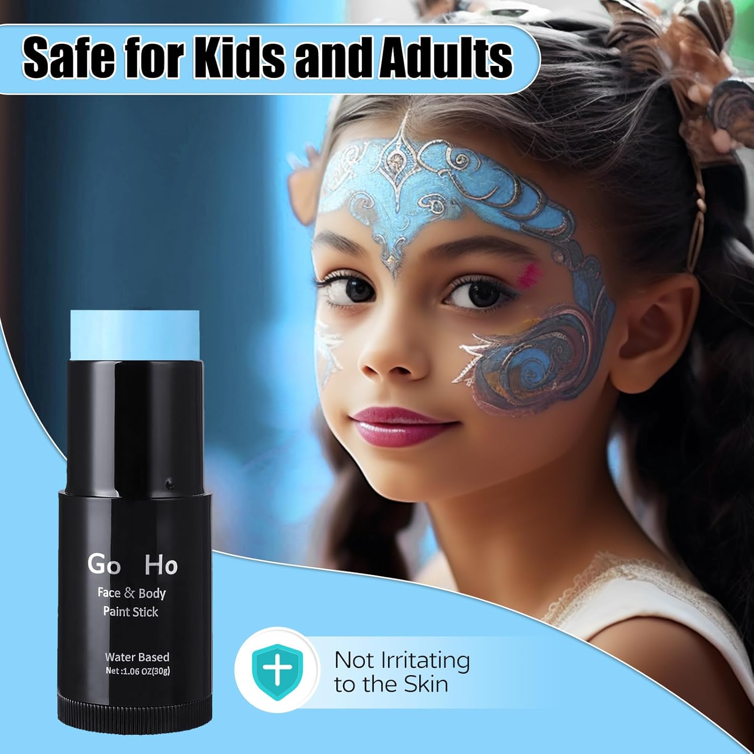 Go Ho Pintura facial azul claro, lavable a base de agua, color azul pálido, pintura corporal azul crema de cobertura completa para adultos y niños,