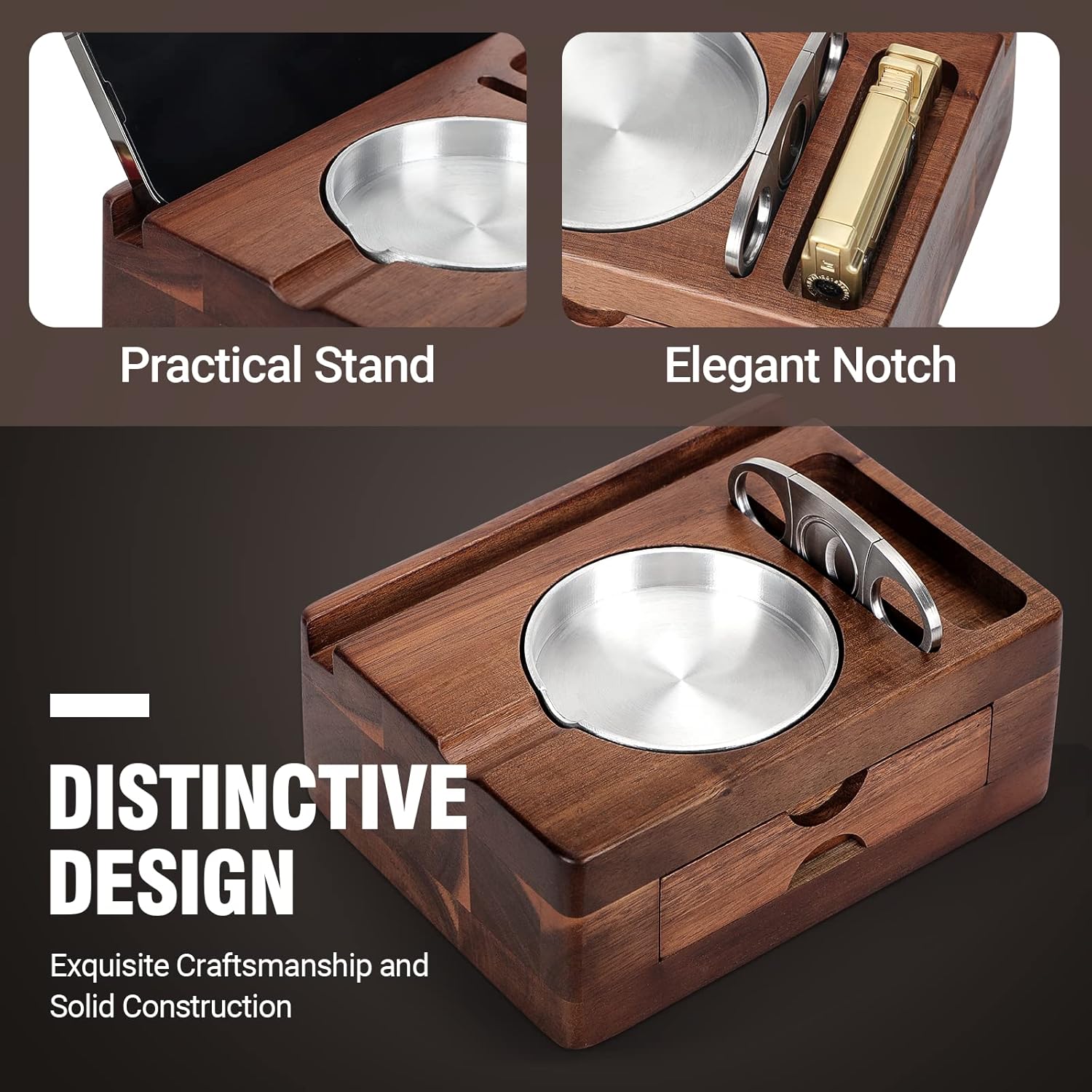 Cenicero de cigarros, ceniceros de madera con cortador de puros, soporte para tableta de teléfono, soporte para cigarrillos, cajón de accesorios y
