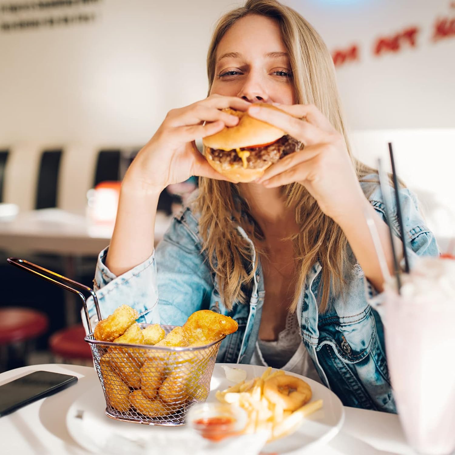 Eyourlife 8 cestas para servir papas fritas, cesta de acero inoxidable, soporte para alitas de pollo mini cuadradas de 4 pulgadas, para restaurante,