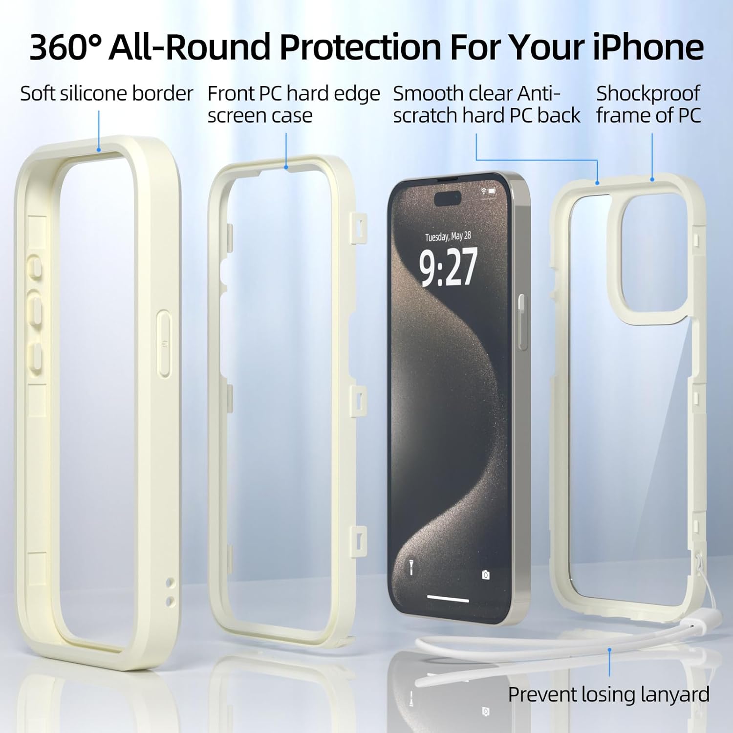 WXR Compatible con iPhone 15 Pro Max, parachoques de silicona suave y parte trasera de policarbonato duro transparente e interior de policarbonato