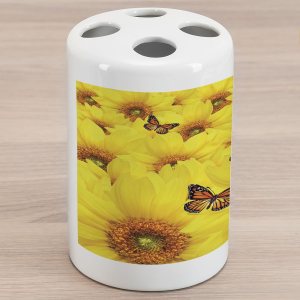 Lunarable Soporte para cepillo de dientes de cerámica con girasol, flores de girasol, mariposas, colores cálidos, redondos, detalles de primer Lunarable Soporte para cepillo de dientes de cerámica con girasol, flores de girasol, mariposas, colores cálidos, redondos, detalles de primer