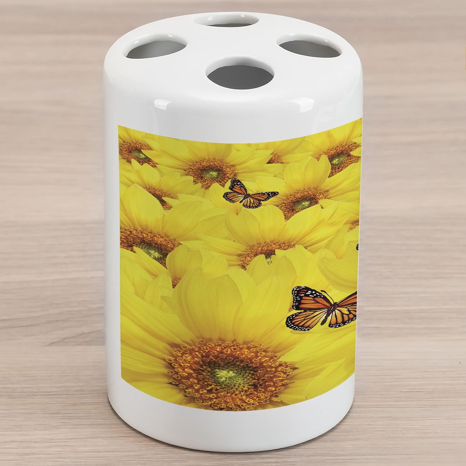 Lunarable Soporte para cepillo de dientes de cerámica con girasol, flores de girasol, mariposas, colores cálidos, redondos, detalles de primer