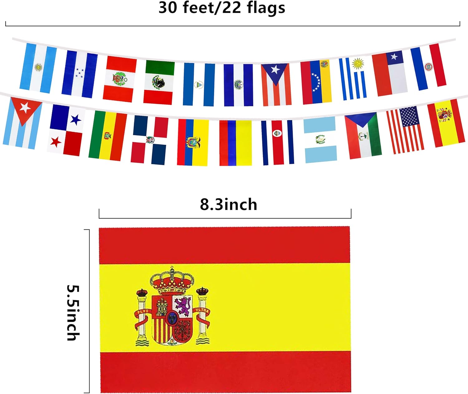 Banderas de cuerda para decoración de América Latina, 22 banderas de países de habla española, banderines para decoración de eventos del mes de la