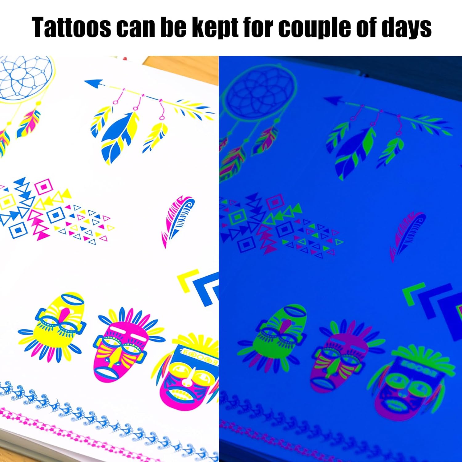 Koogel 25 hojas de tatuajes temporales que brillan en la oscuridad, 160 calcomanías de tatuaje brillantes, impermeables, UV, neón, tatuajes faciales