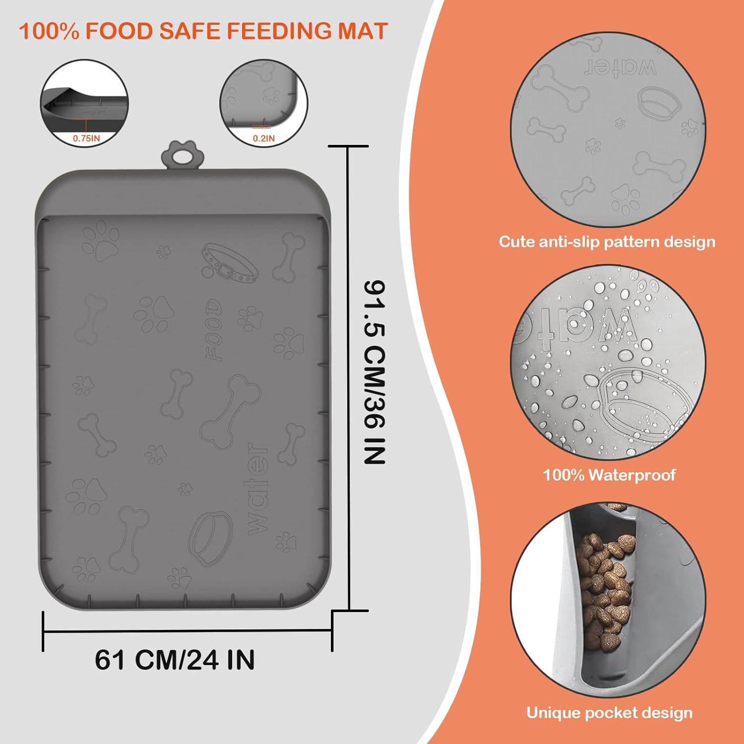 Tomxcute Tapete de silicona para comida y agua, protege los suelos de los alimentos y el agua, impermeable, con bordes altos para evitar derrames de