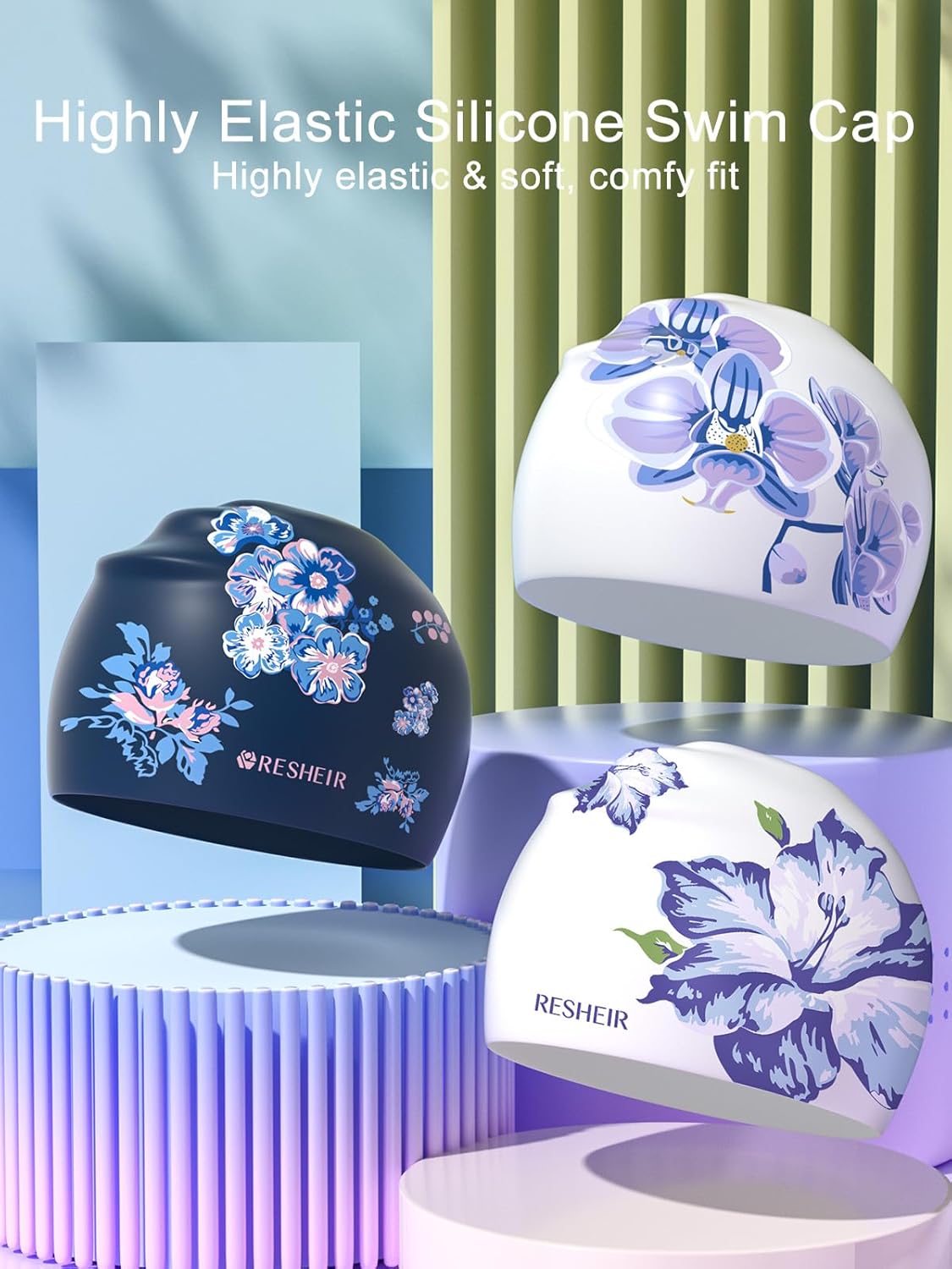 Gorra de natación de silicona, gorra de natación YondestStars para mujereshombresjóvenes, gorras de baño para cabello largo y corto, accesorios de