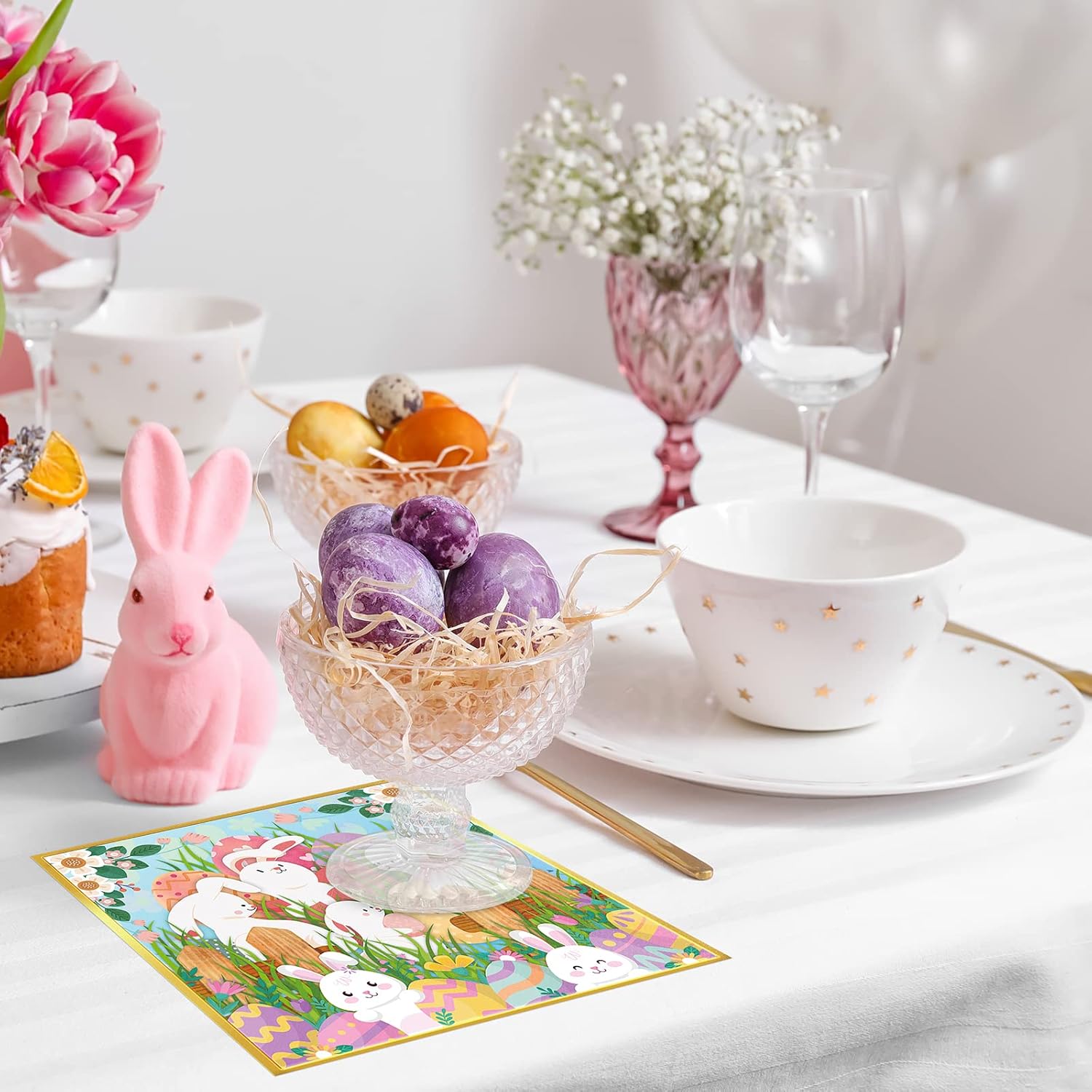 100 servilletas de Pascua para invitados de Pascua, servilletas de huevos de conejito de Pascua, toallas de mano de papel desechables suaves de